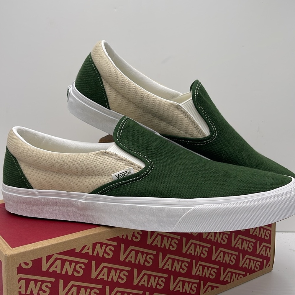 Vans Men’s Green and Cream Slip-On Sneakers 
Twill Turtledove/Green VN0A5JLXCOB - Picture 7 of 16